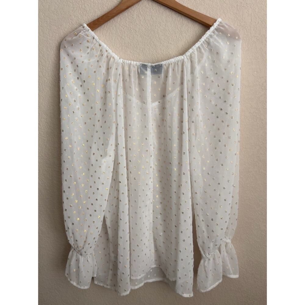 Lane Bryant Metallic Swiss Dot Peasant Blouse 14/16 White Gold Sheer Boho Top - Picture 10 of 10